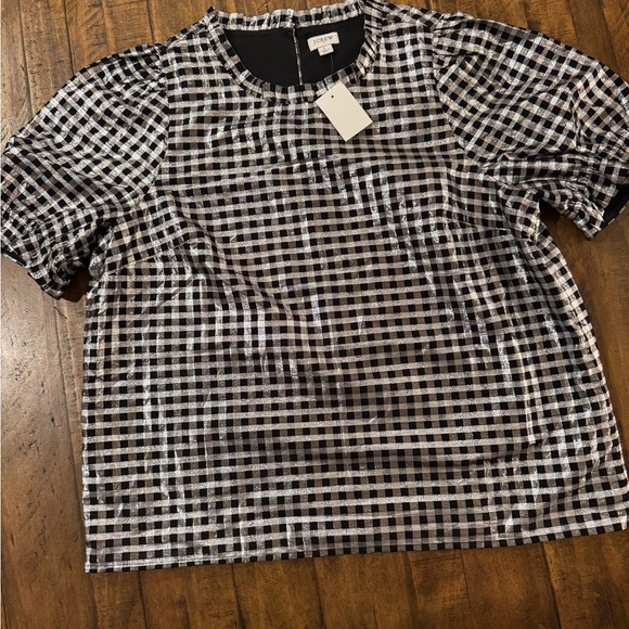 J. Crew Black Silver Gingham Check Metallic Puffy Sleeves Blouse Top Size L - Picture 3 of 5